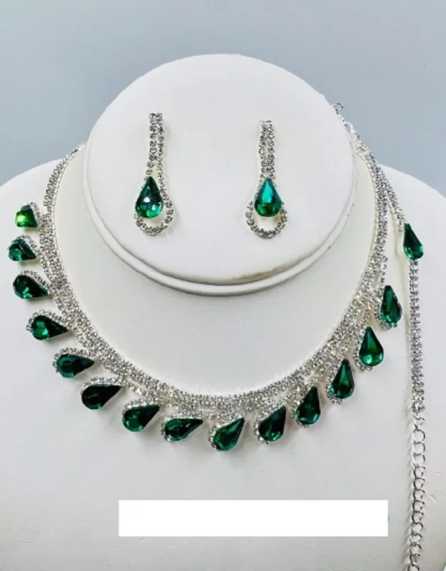 SILVER NECKLACE SET TEARDROPS CLEAR EMERALD GREEN STONES BRACELET ( 013 1EM ) sold by Oh My Jewelry
