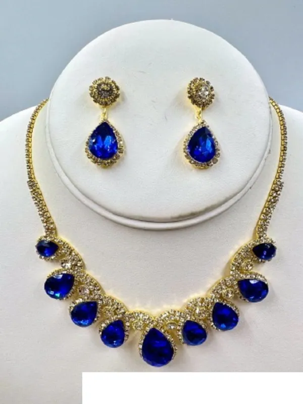 GOLD NECKLACE SET BLUE DROP CLEAR STONES ( 017 2SP ) sold by Oh My Jewelry