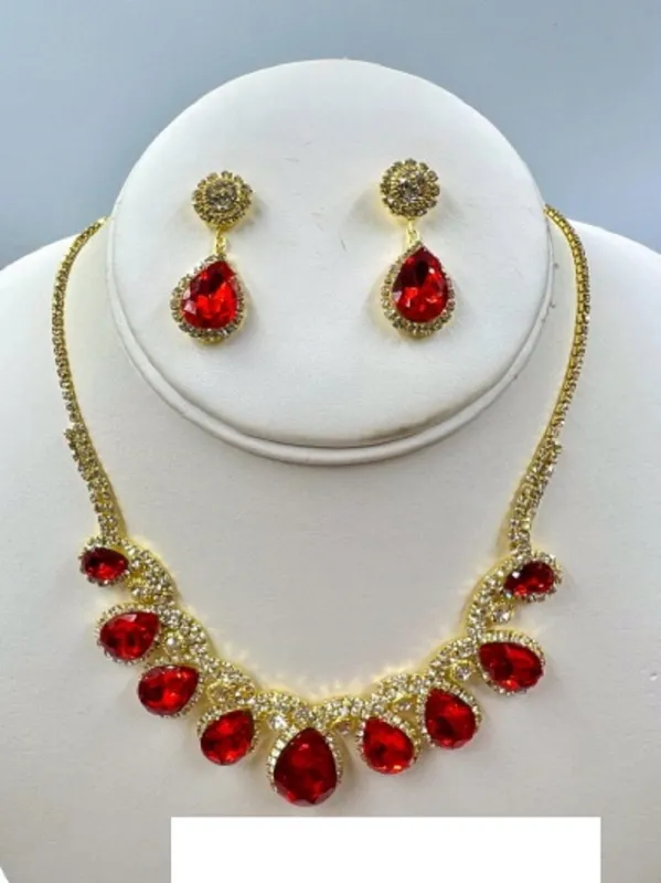 GOLD NECKLACE SET RED DROP CLEAR STONES ( 017 2RD ) made by Oh My Jewelry