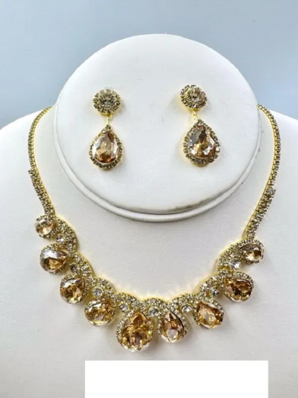 GOLD NECKLACE SET BROWN DROP CLEAR STONES ( 017 2BR ) sold by Oh My Jewelry