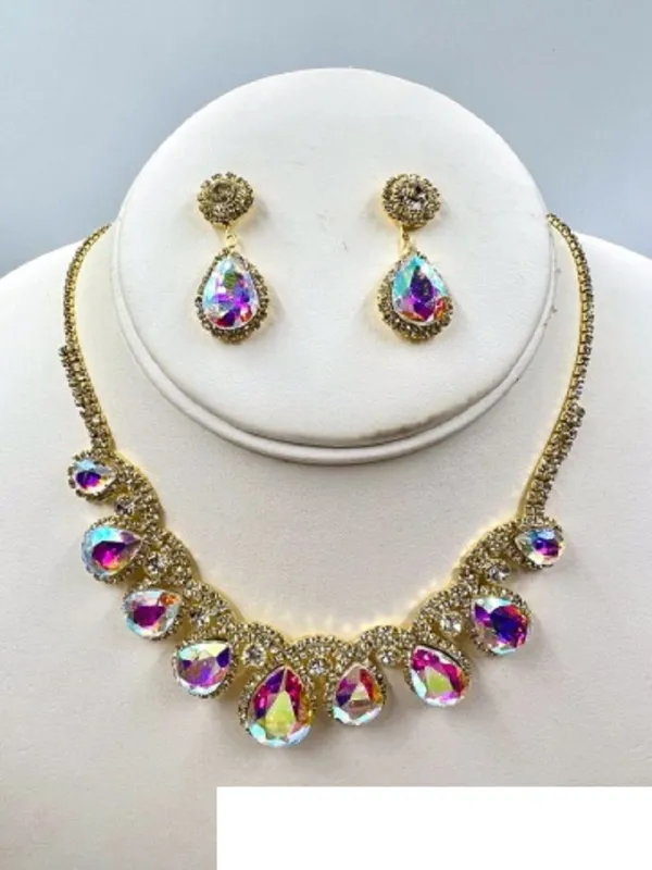 GOLD NECKLACE SET AB DROP CLEAR STONES ( 017 2AB ) made by Oh My Jewelry