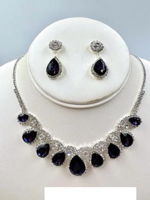 SILVER NECKLACE SET PURPLE DROP CLEAR STONES ( 017 1PU ) sold by Oh My Jewelry