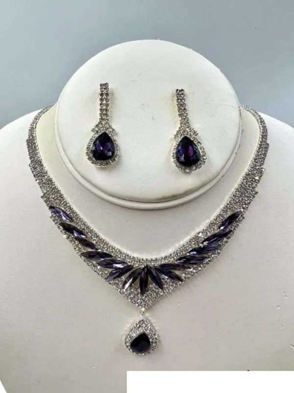 SILVER NECKLACE SET CLEAR PURPLE STONES ( 014 1PU ) sold by Oh My Jewelry