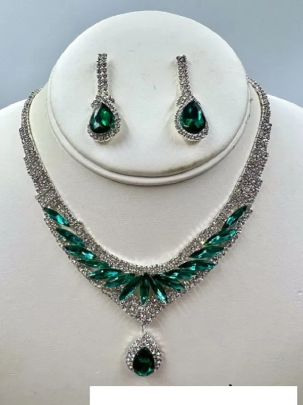 SILVER NECKLACE SET CLEAR EMERALD GREEN STONES ( 014 1EM ) sold by Oh My Jewelry