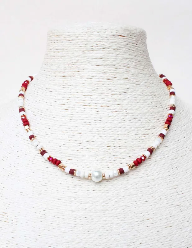 BURGUNDY WHITE BEAD NECKLACE ( 7032 BUWH ) sold by Oh My Jewelry