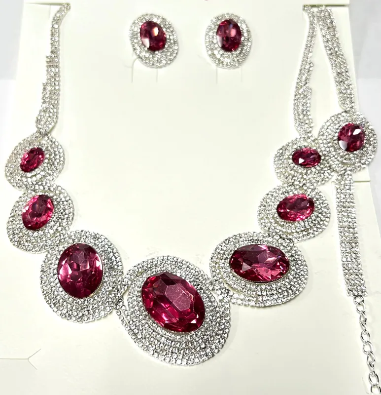 SILVER NECKLACE SET CLEAR PINK STONES ( 011 1PK ) made by Oh My Jewelry