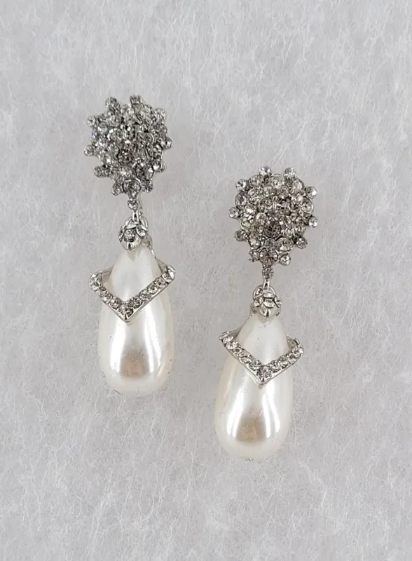 SILVER EARRINGS WHITE PEARL CLEAR STONES ( 1001 S ) sold by Oh My Jewelry