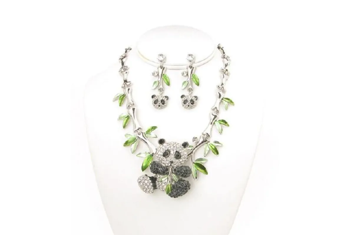 Silver Bamboo and Rhinestone Panda Bear Necklace with Matching Earrings ( 00811 ) sold by Oh My Jewelry