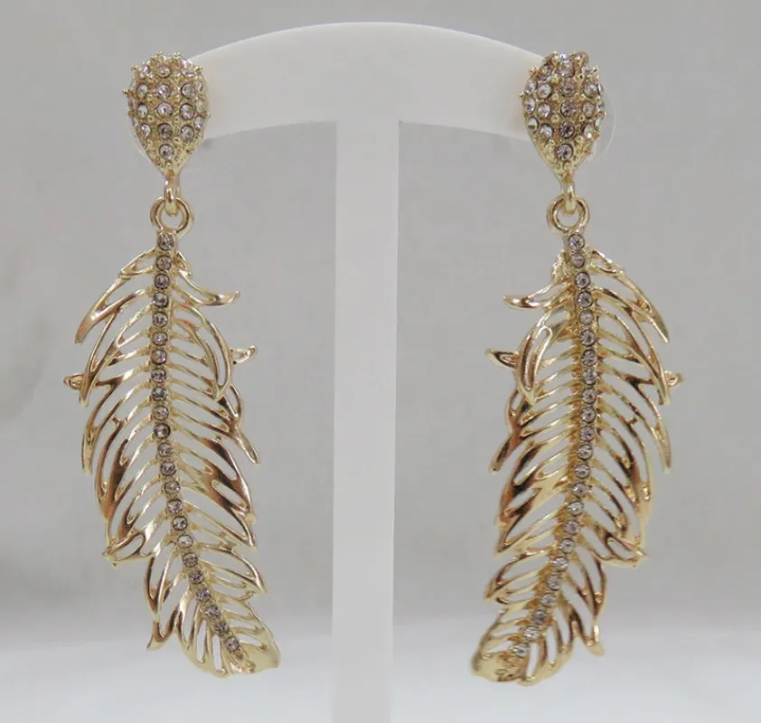 GOLD LEAF EARRINGS CLEAR STONES ( 3233 GCL ) sold by Oh My Jewelry