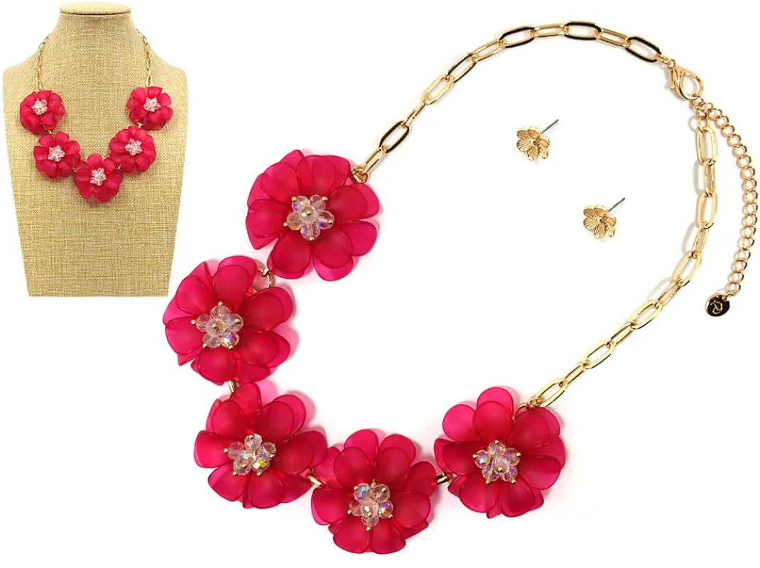 GOLD PINK FLOWER NECKLACE SET ( 1102 GDPK ) sold by Oh My Jewelry