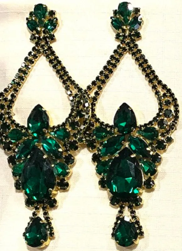 LARGE GOLD CHANDELIER EARRINGS EMERALD GREEN STONES ( 2679 GEM ) sold by Oh My Jewelry