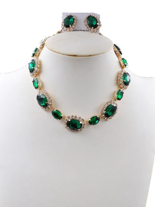 GOLD NECKLACE SET CLEAR GREEN STONES ( 241502 EMNK ) sold by Oh My Jewelry