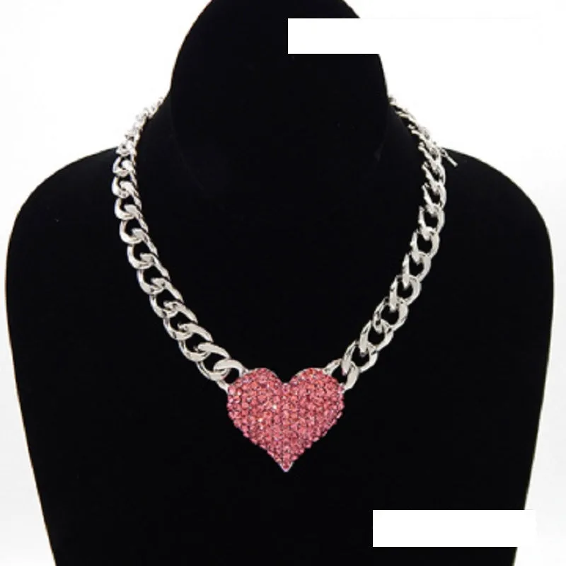SILVER NECKLACE PINK RHINESTONES HEART PENDANT ( 9091 RDPNK ) sold by Oh My Jewelry