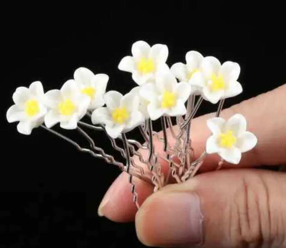 SILVER U SHAPE HAIR PIN WHITE YELLOW FLOWER ( H4-2 ) sold by Oh My Jewelry