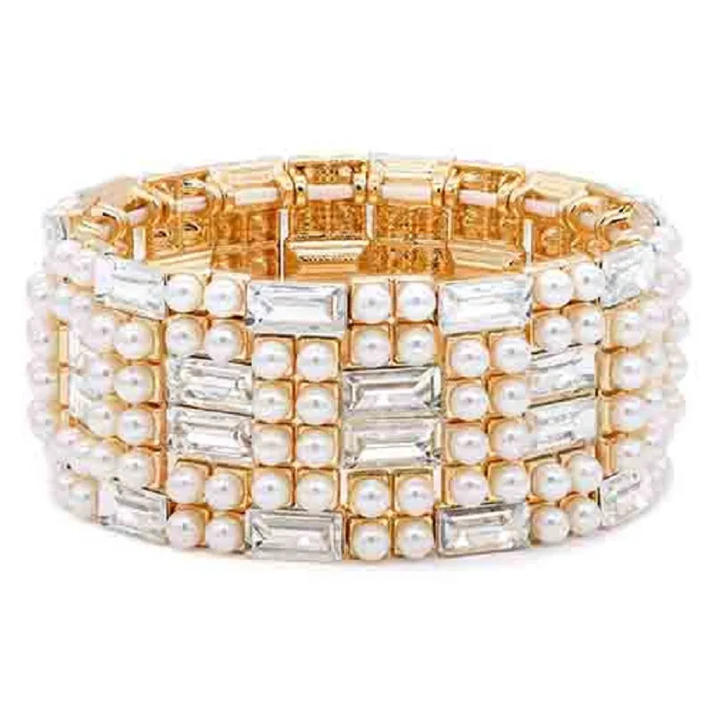 GOLD STRETCH BRACELET CREAM PEARLS BAGUETTE STONES ( 8112 GDCL ) sold by Oh My Jewelry