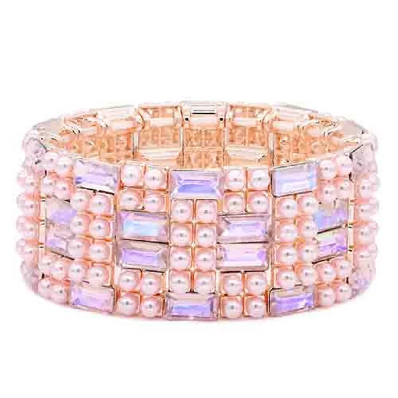 ROSE GOLD STRETCH BRACELET PINK PEARLS BAGUETTE STONES ( 8112 RGPK ) sold by Oh My Jewelry