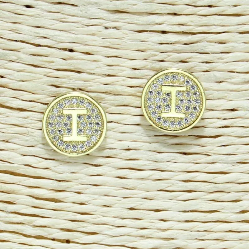 GOLD PAVE INITIAL I GOLD CLEAR 10mm EARRINGS STAINLESS STEEL ( 2031 IG ) sold by Oh My Jewelry