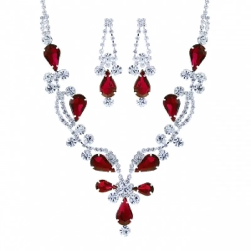 SILVER NECKLACE SET CLEAR RED STONES ( 17287 LSI-S ) made by Oh My Jewelry