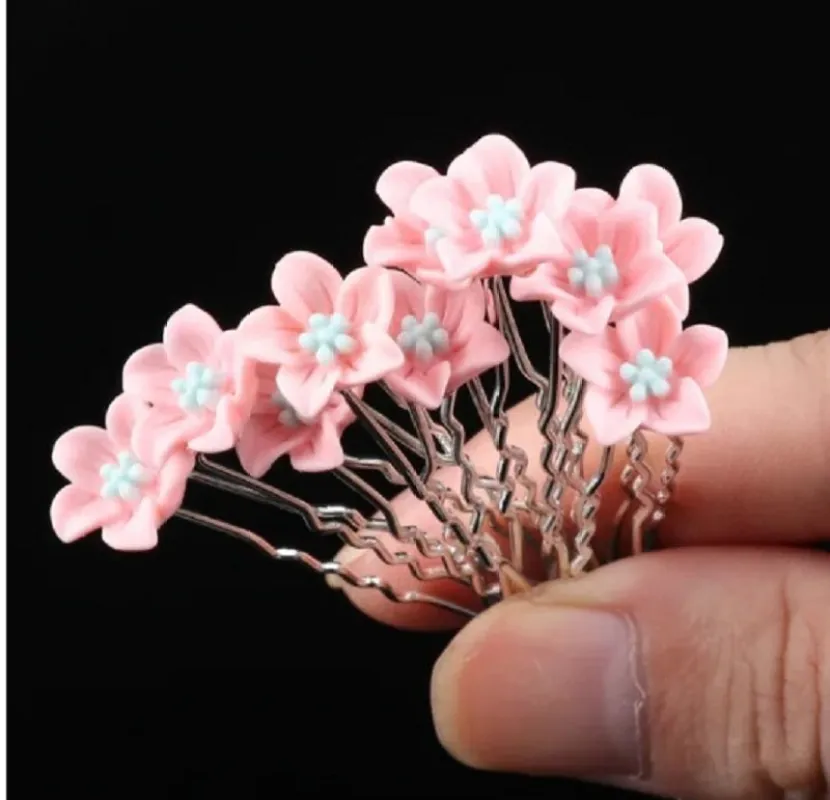 SILVER U SHAPE HAIR PIN PINK TEAL FLOWER ( H7 ) sold by Oh My Jewelry