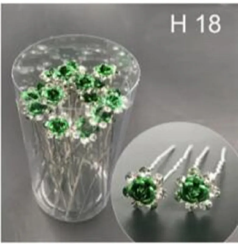 20 SILVER U PIN GREEN CLEAR STONES FLOWER PIN ( H18 ) made by Cinderella