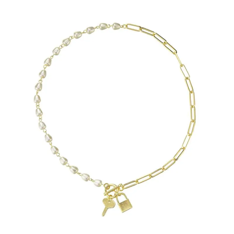 GOLD NECKLACE PEARLS LOCK KEY CHARMS ( 8698 ) made by Oh My Jewelry