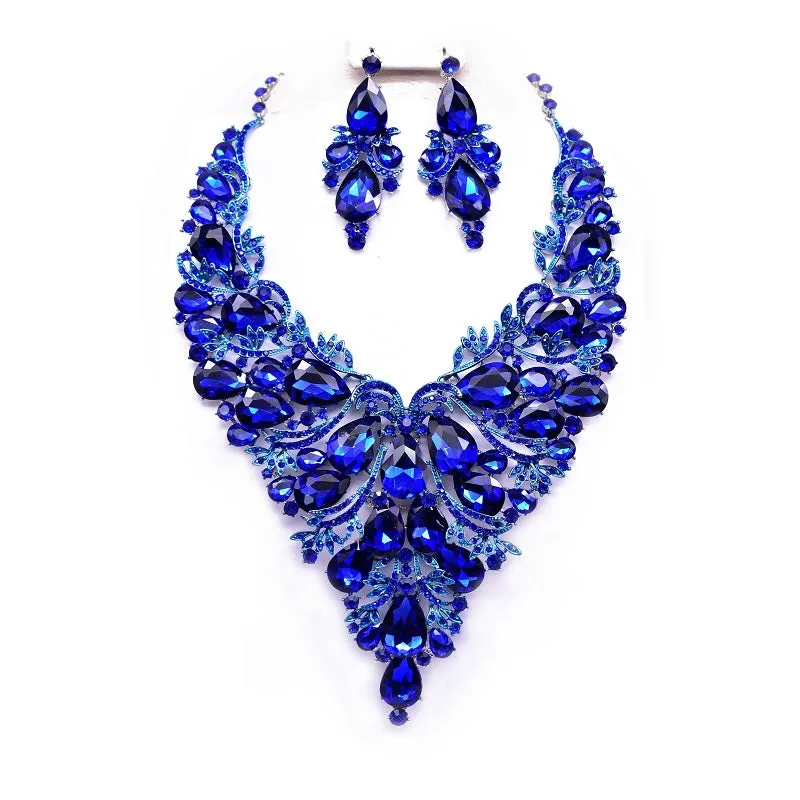 SILVER BLUE RHINESTONE NECKLACE SET ( 12696 RRY ) made by Oh My Jewelry