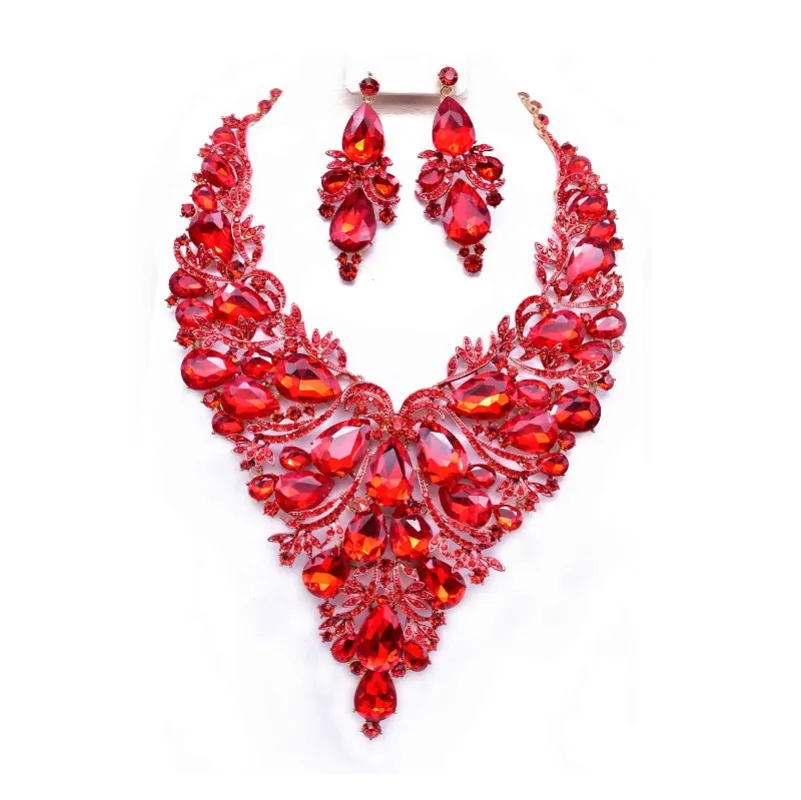 GOLD RED RHINESTONE NECKLACE SET ( 12696 GRD ) made by Oh My Jewelry