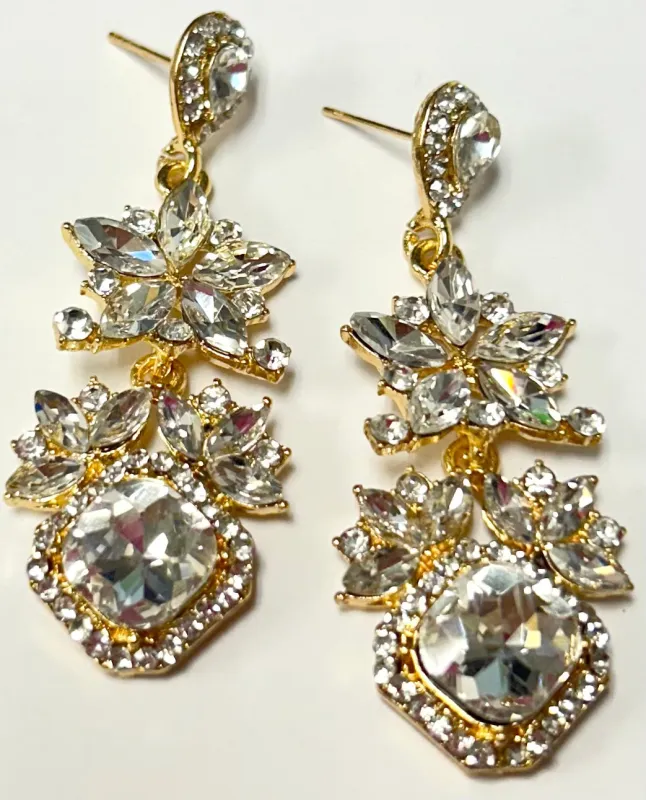 GOLD CLEAR CRYSTAL DANGLING EARRINGS ( 6013 GCL ) made by Oh My Jewelry