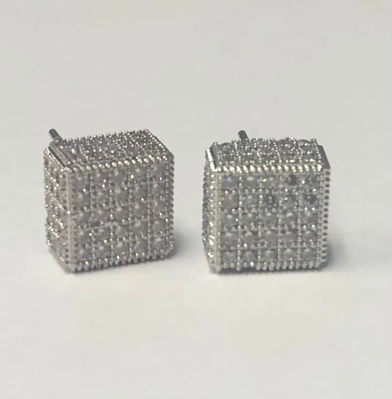 SILVER CUBE EARRINGS CLEAR CZ CUBIC ZIRCONIA STONES ( 5740 S ) made by Oh My Jewelry