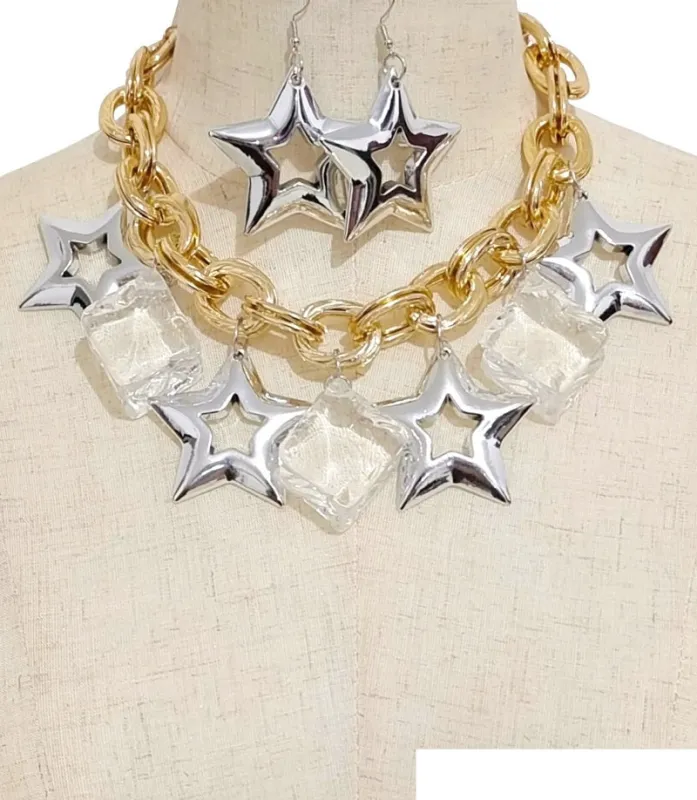 GOLD SILVER ICE CUBE AND STAR NECKLACE SET ( 3627 GPRH ) sold by Oh My Jewelry