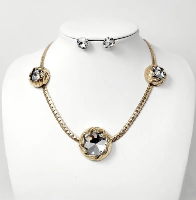 GOLD NECKLACE SET 3 CLEAR BALLS ( 10509 GCL ) sold by Oh My Jewelry