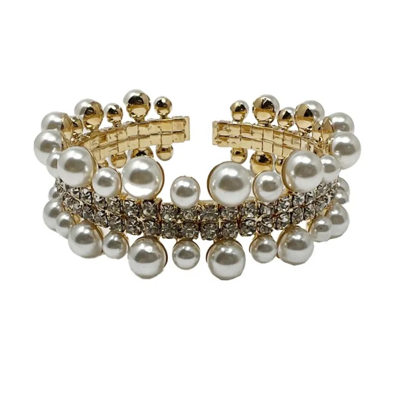 GOLD STRETCH BRACELET CLEAR STONES CREAM PEARLS ( 2668 GCR ) sold by Oh My Jewelry