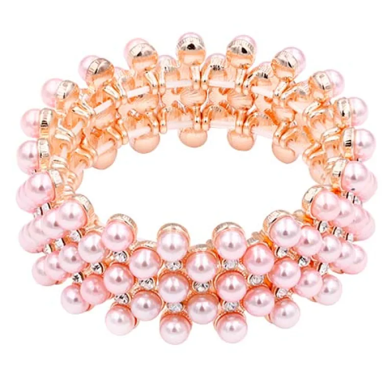 ROSE GOLD PINK PEARL STRETCH BRACELET CLEAR STONES ( 8070 RGPK ) sold by Oh My Jewelry
