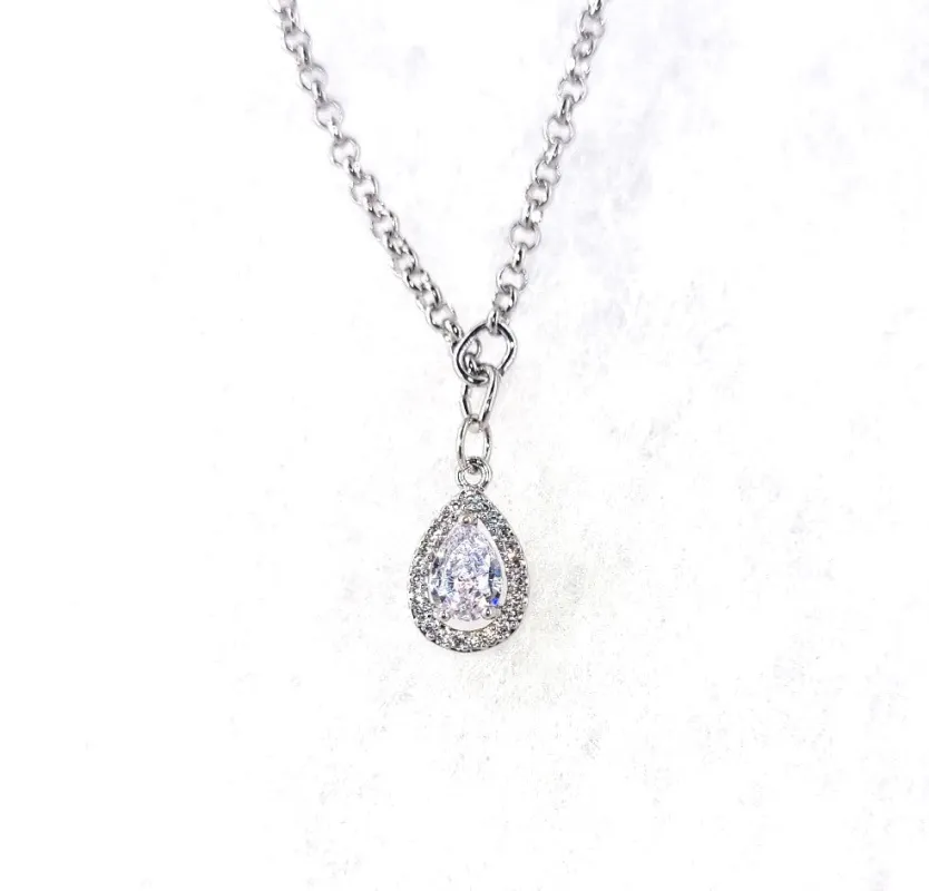SILVER NECKLACE DROP PENDANT CLEAR CZ CUBIC ZIRCONIA STONES ( 1216 S ) sold by Oh My Jewelry