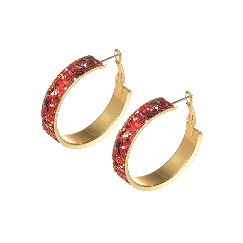 GOLD HOOP EARRINGS RED GLITTER ( 27489 SI-G ) sold by Oh My Jewelry