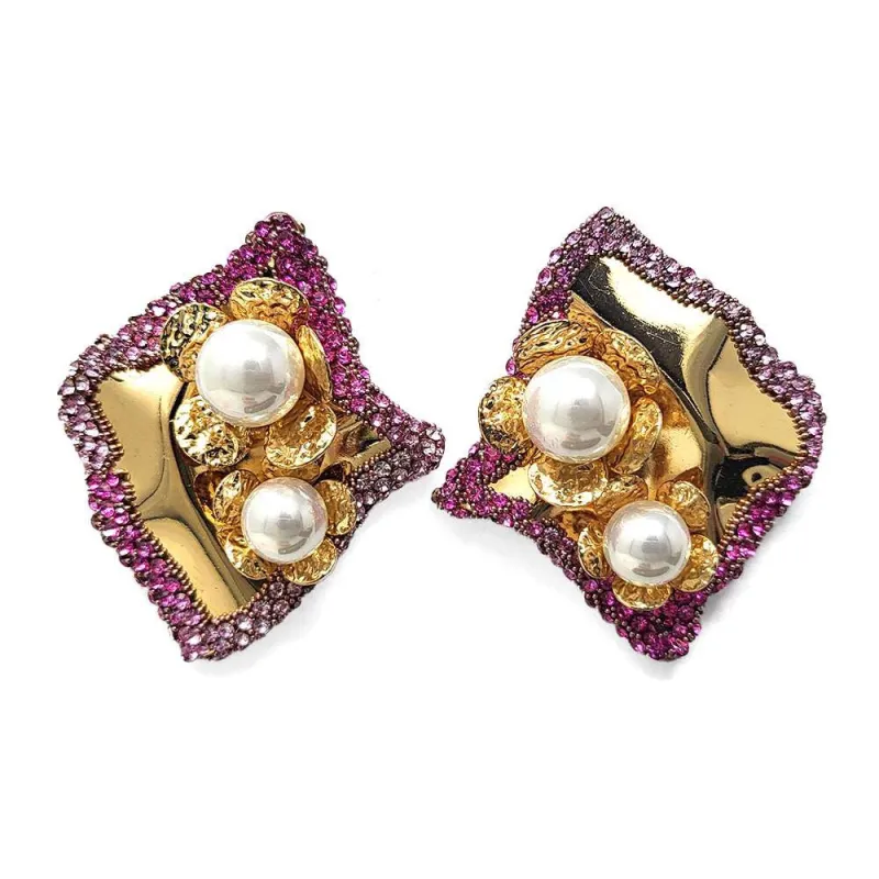 GOLD FUCHSIA CREAM PEARL EARRINGS ( 10290 GFU ) sold by Oh My Jewelry