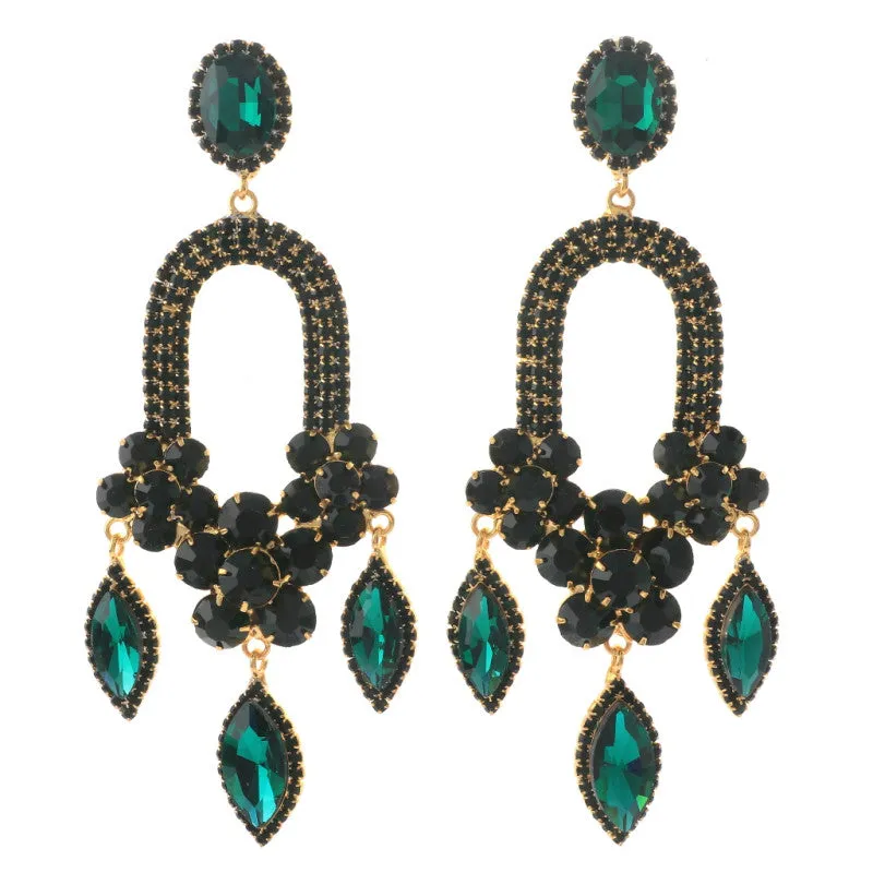 GOLD EMERALD GREEN DANGLING RHINESTONE EARINGS ( 3477 GEME ) sold by Oh My Jewelry