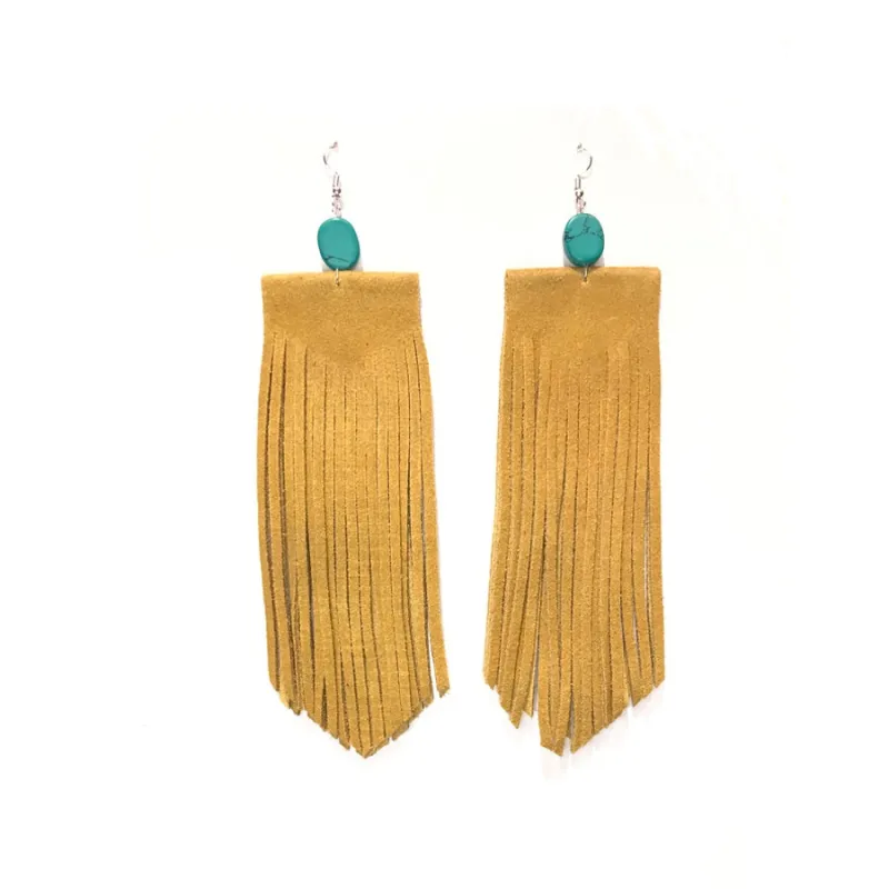 MUSTARD LEATHER DANGLING EARRINGS TURQUOISE STONES ( 74 MUS ) made by Oh My Jewelry