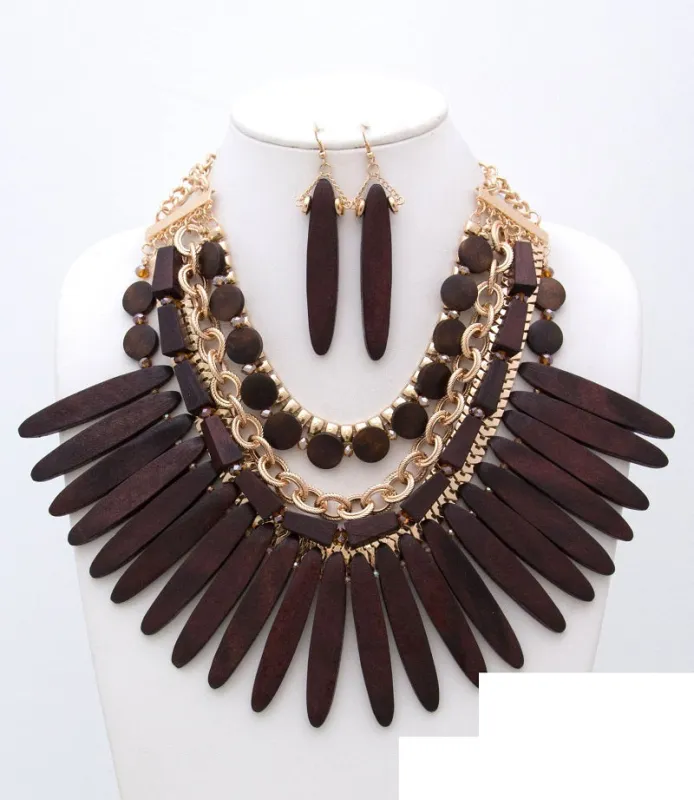 GOLD BROWN WOOD NECKLACE SET ( 2906 GPWD ) sold by Oh My Jewelry