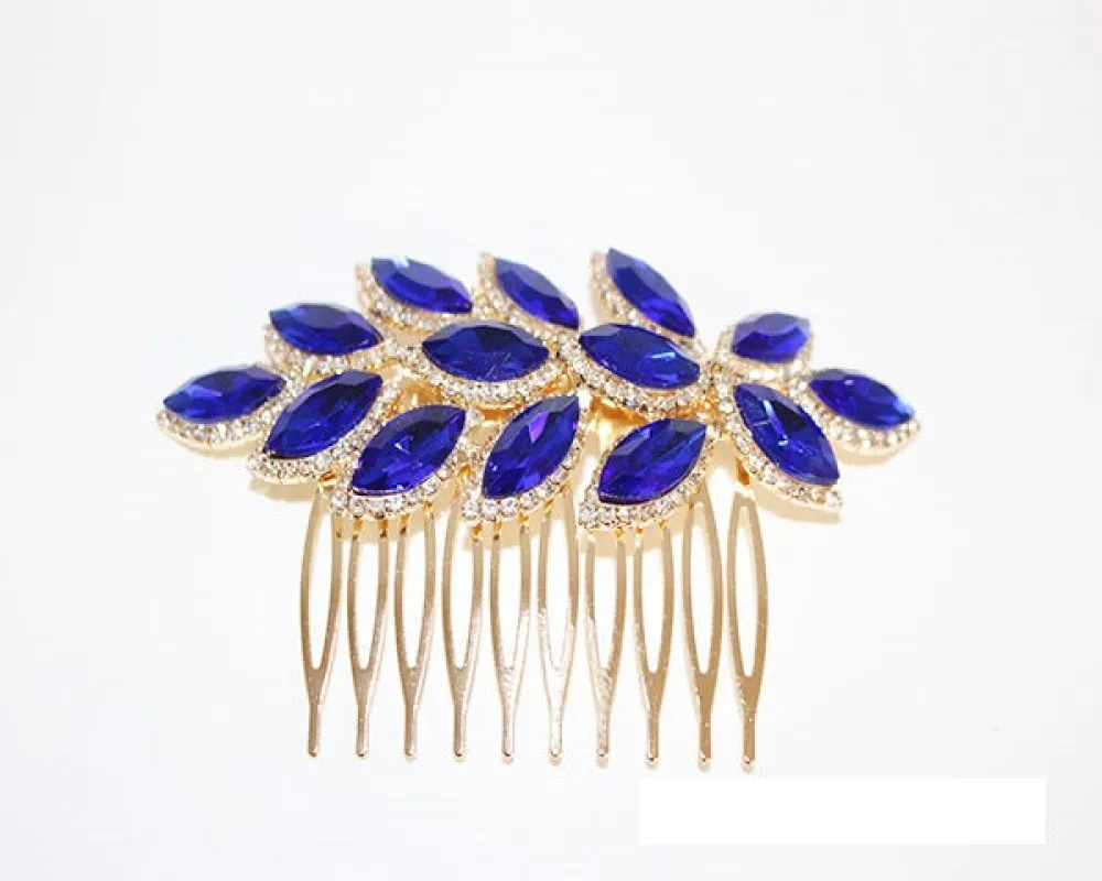 GOLD BLUE RHINESTONE HAIR COMB ( 2034 GSA ) sold by Oh My Jewelry