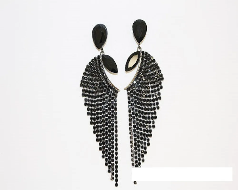 BLACK RHINESTONE STRAND DANGLING EARRINGS ( 1750 BKJET ) sold by Oh My Jewelry