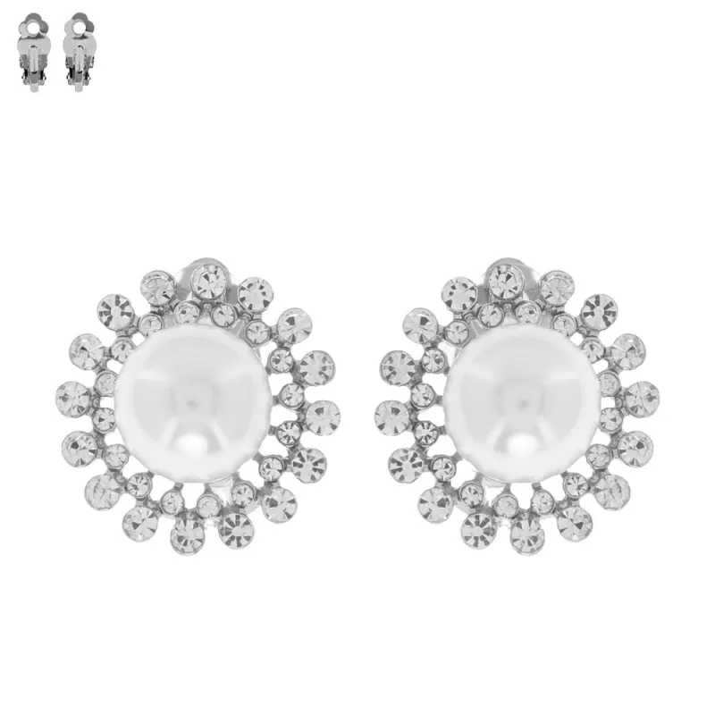 SILVER EARRINGS CLEAR STONES WHITE PEARLS ( 70 RWH ) sold by Oh My Jewelry