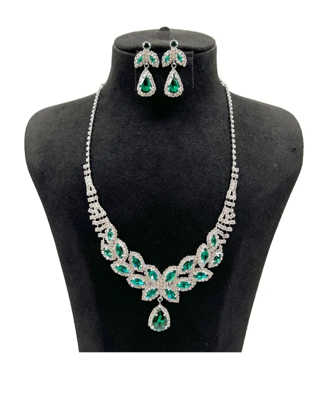 SILVER NECKLACE SET CLEAR GREEN STONES ( 0850 1G ) sold by Oh My Jewelry