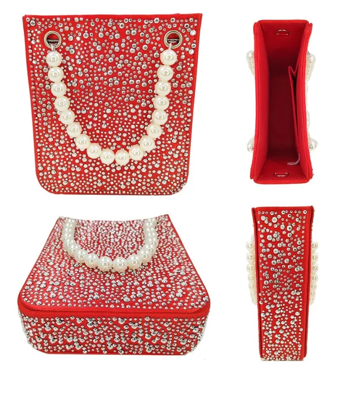 RED PURSE CLEAR STONES PEARLS ( 0032 RD ) sold by Oh My Jewelry