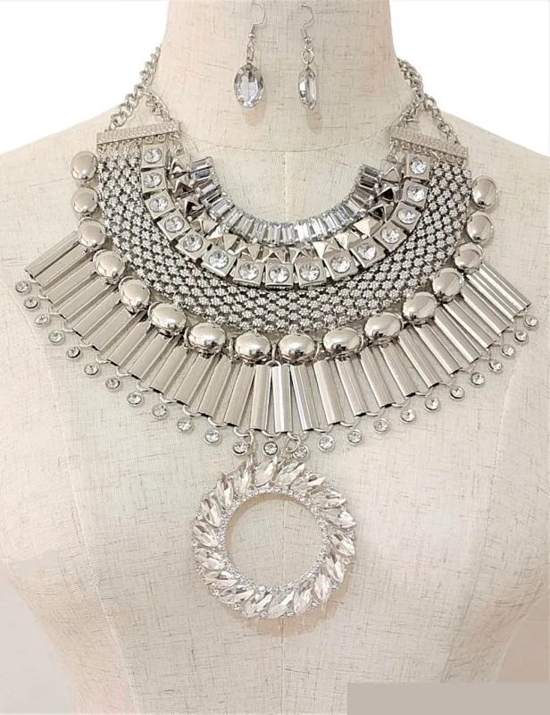 Silver Chunky Necklace Set Clear Stones ( 3559 RHCL ) sold by Oh My Jewelry