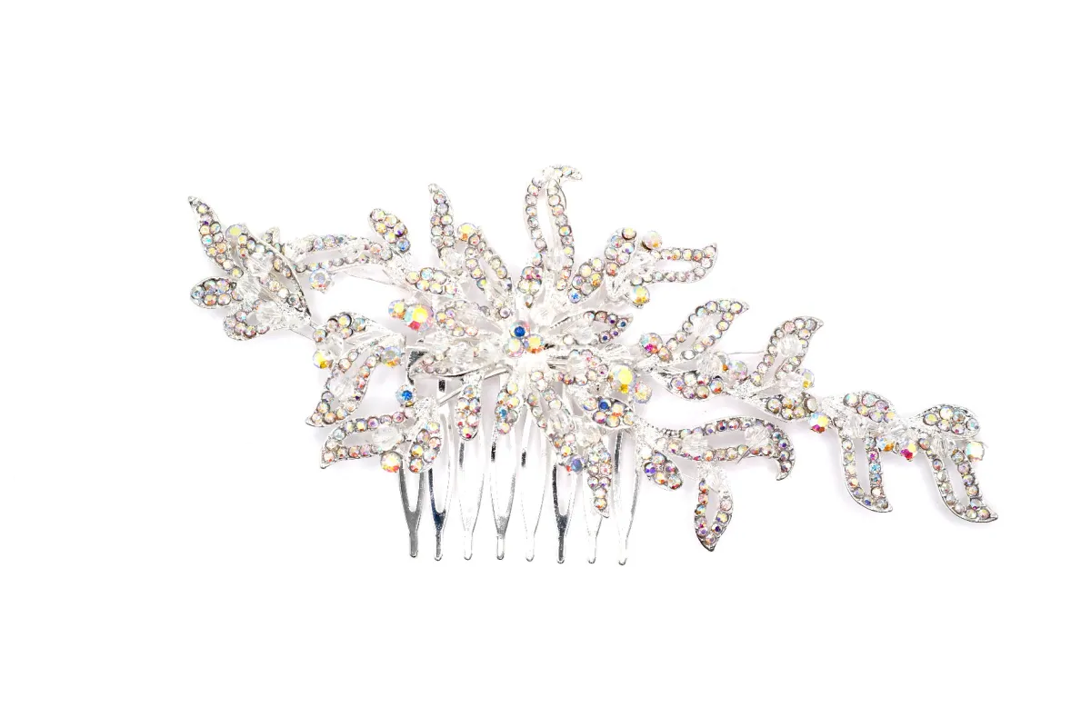 SILVER HAIR COMB FLOWER DESIGN AB STONES ( 41229 ABSV ) sold by Oh My Jewelry
