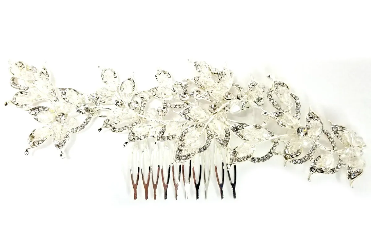 SILVER HAIR COMB FLORAL CLEAR STONES WHITE PEARLS ( 40818 CLSV ) sold by Oh My Jewelry