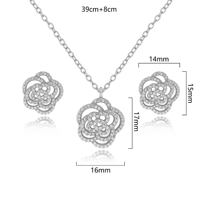 SILVER FLOWER NECKLACE SET CZ CUBIC ZIRCONIA STONES ( 3186 RH ) made by Oh My Jewelry