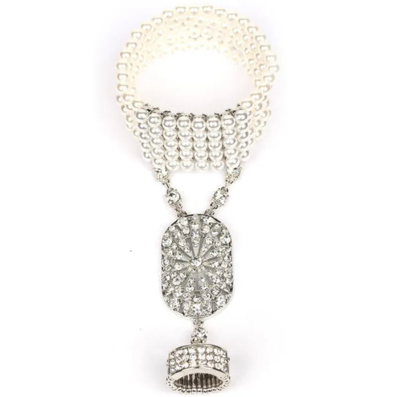 SILVER WHITE PEARL STRETCH BRACELET RING CLEAR STONES ( 78 RWH ) sold by Oh My Jewelry