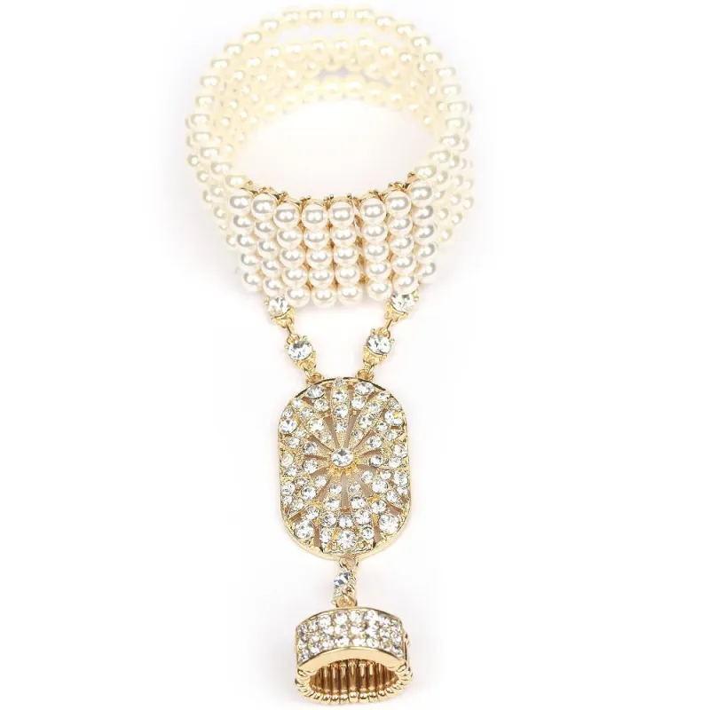 GOLD CREAM PEARL STRETCH BRACELET RING CLEAR STONES ( 78 GCR ) sold by Oh My Jewelry